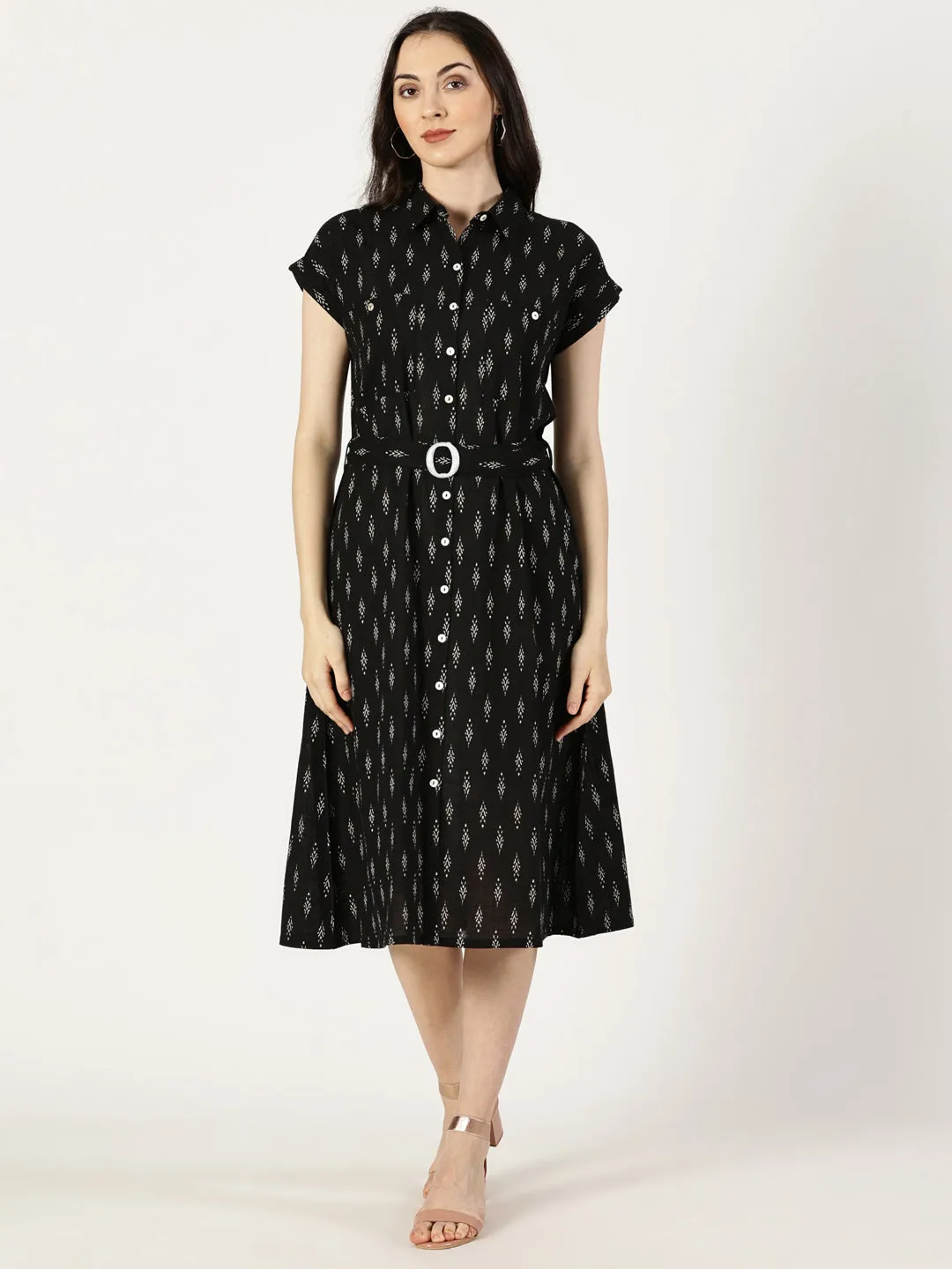 Black Ikat Print Cotton Dress With Belt Buckle