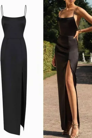 Black Maxi Long Prom Dresses with High Thigh Slit