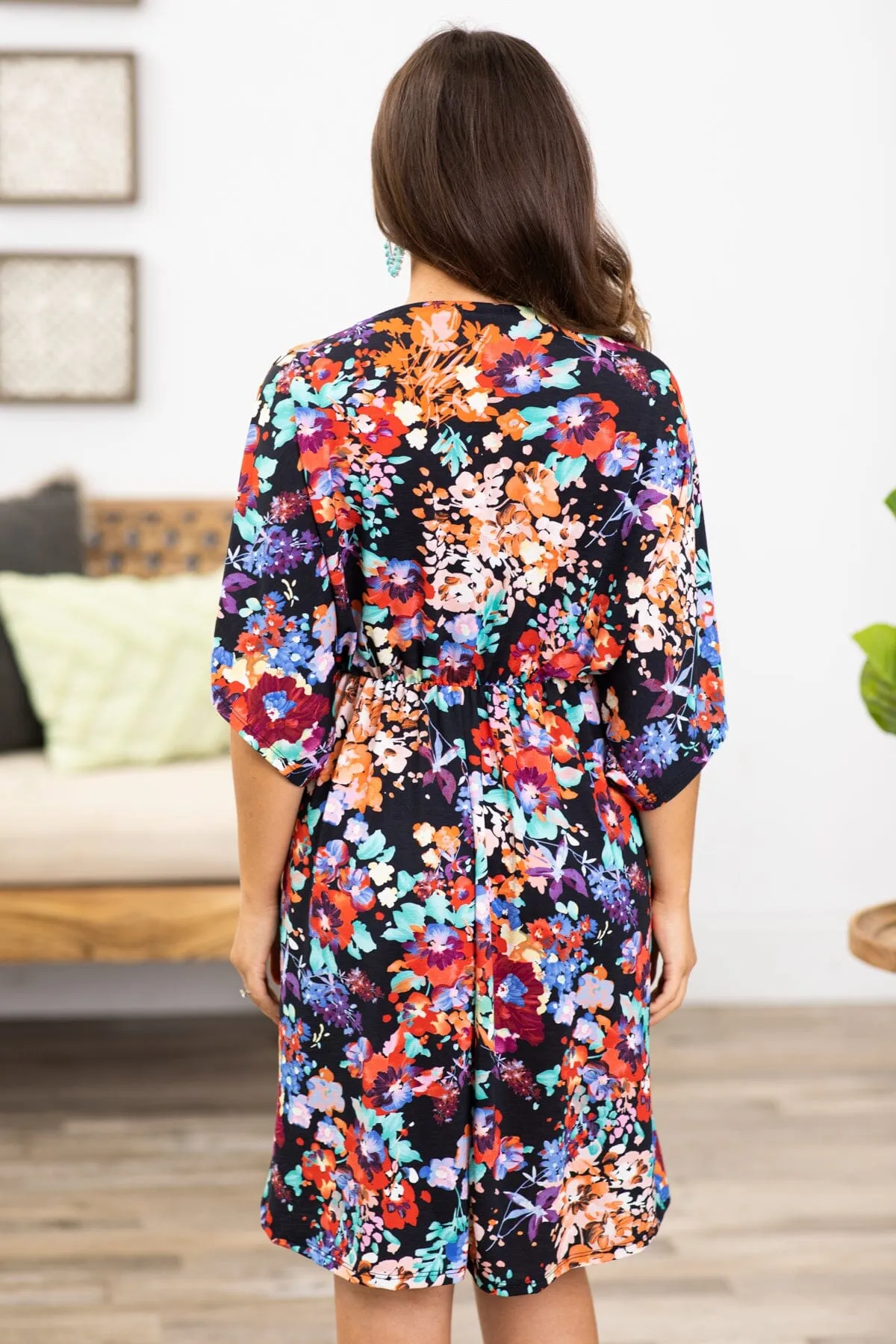Black Multicolor Floral Dolman Sleeve Dress