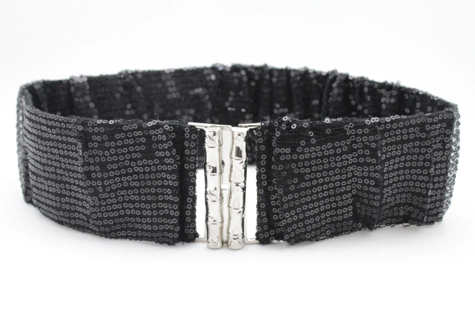Black Stretch Fabric Sequins Dressy Hot Belt Big Silver Metal Bamboo Buckle Women XS S M