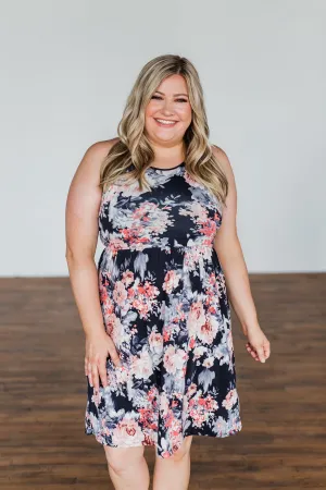 Bloom In The Night Floral Sleeveless Dress- Deep Navy