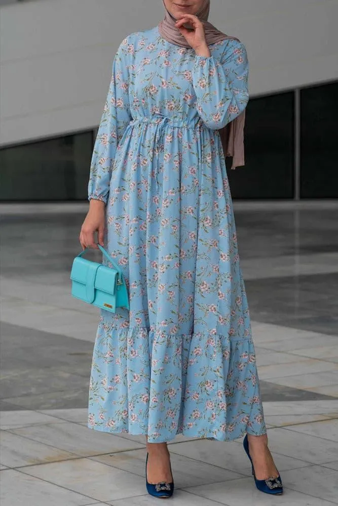 Blossom Blue Floral Maxi Dress with Adjustable Waist