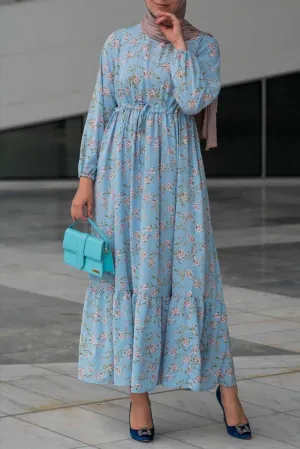 Blossom Blue Floral Maxi Dress with Adjustable Waist