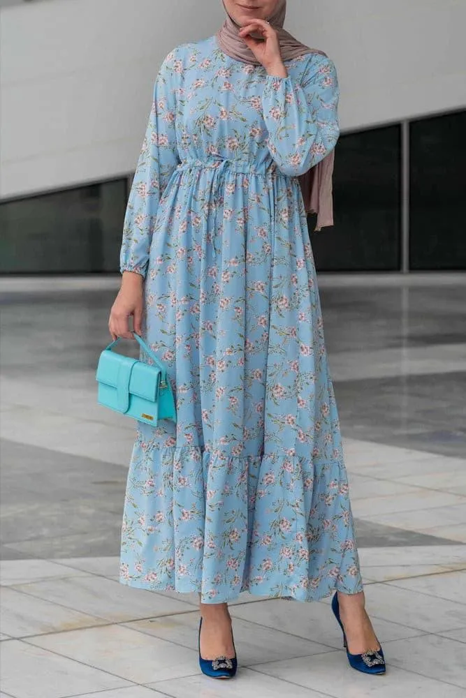 Blossom Blue Floral Maxi Dress with Adjustable Waist