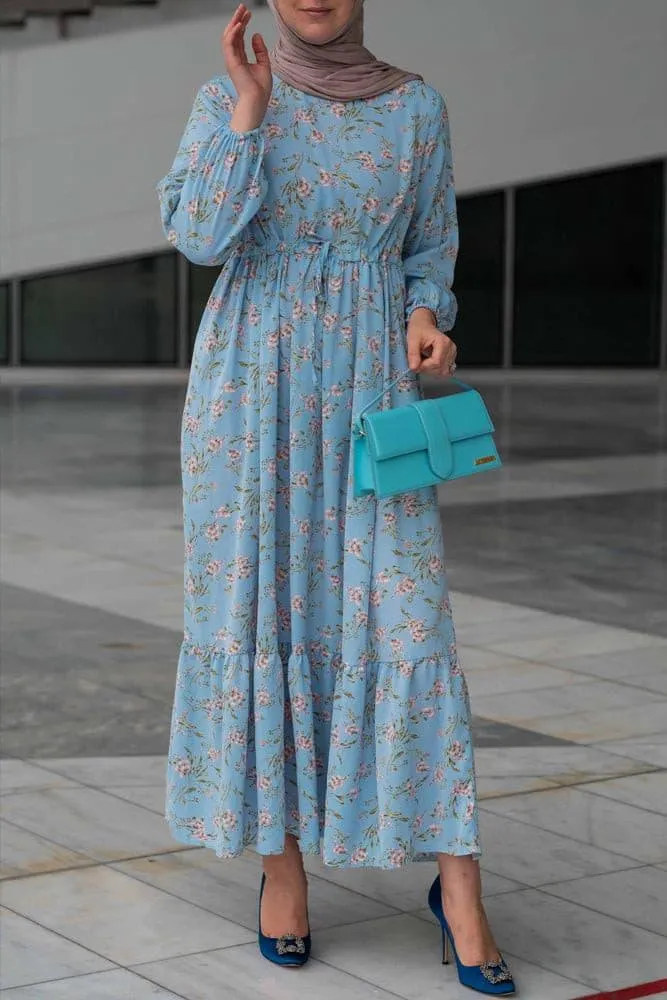 Blossom Blue Floral Maxi Dress with Adjustable Waist