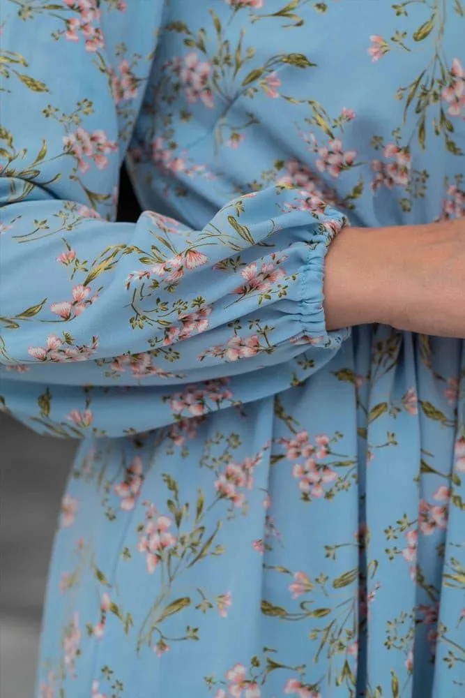 Blossom Blue Floral Maxi Dress with Adjustable Waist
