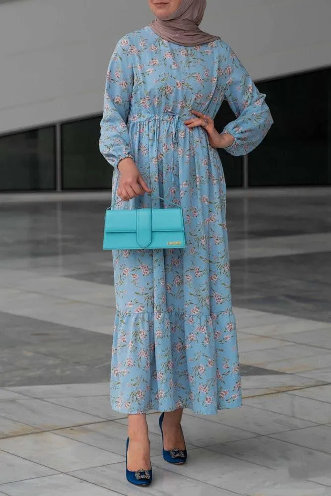 Blossom Blue Floral Maxi Dress with Adjustable Waist