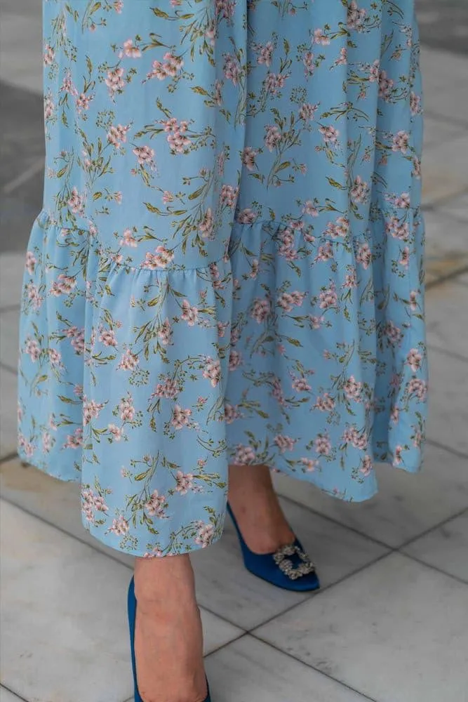 Blossom Blue Floral Maxi Dress with Adjustable Waist