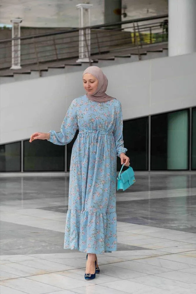Blossom Blue Floral Maxi Dress with Adjustable Waist