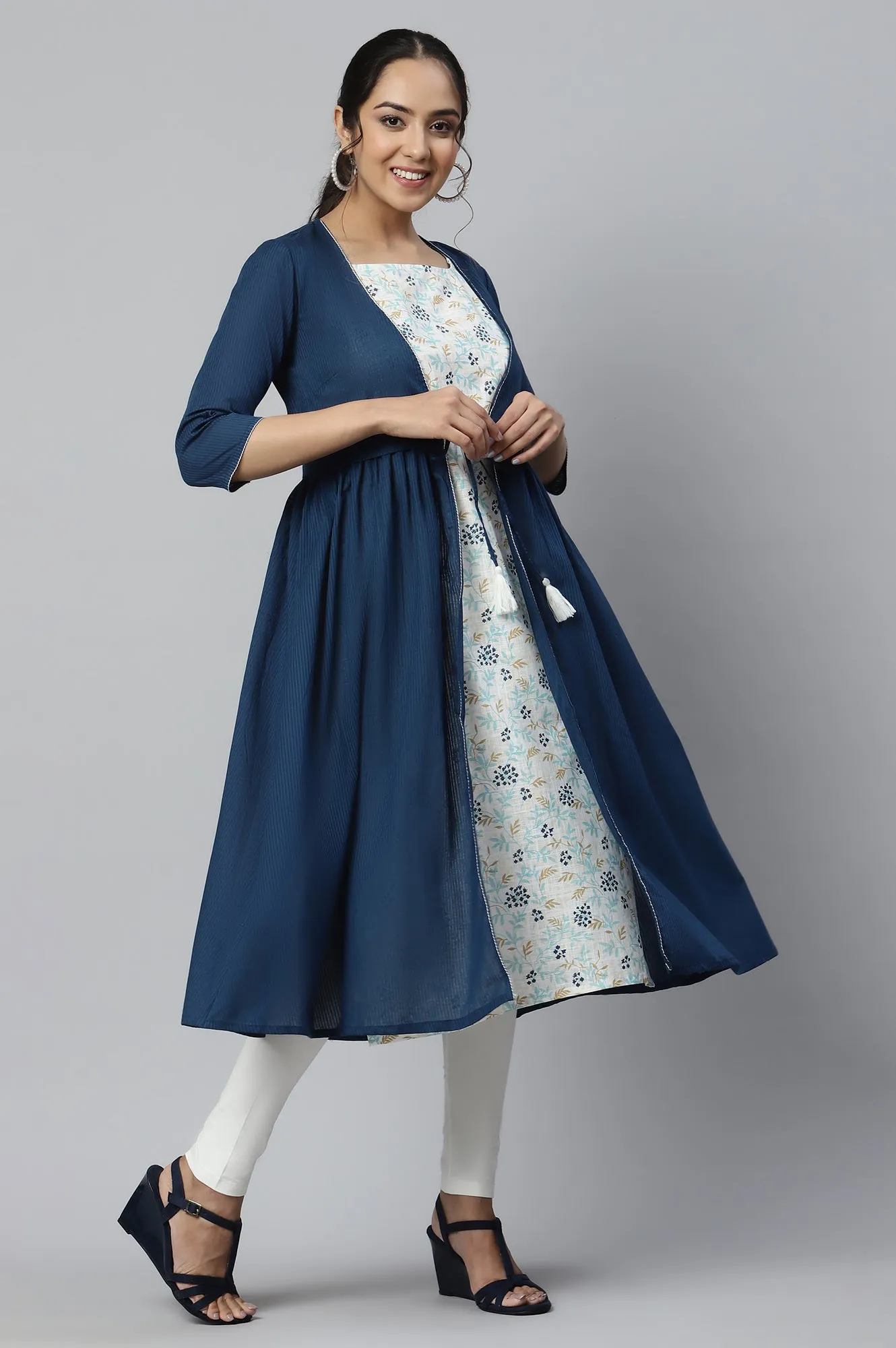 Blue Flared Gilet With Noodle Strap Kurta