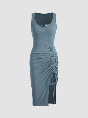 Blue Rib Dress With Side Ruched Slit