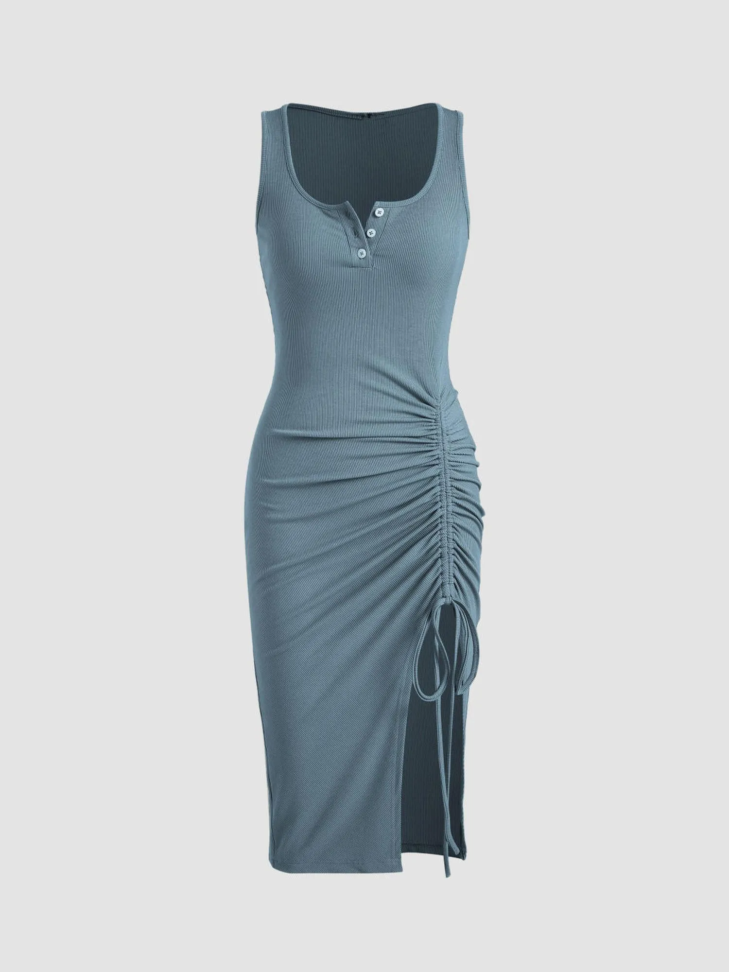 Blue Rib Dress With Side Ruched Slit