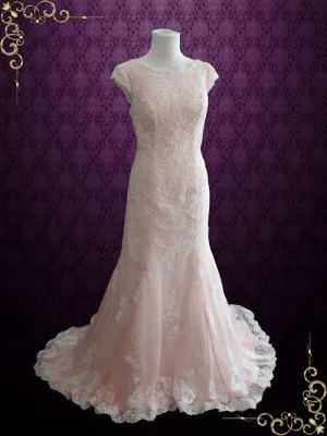 Blush Pink Modest Lace Chiffon Wedding Dress with Cap Sleeves | Tilly