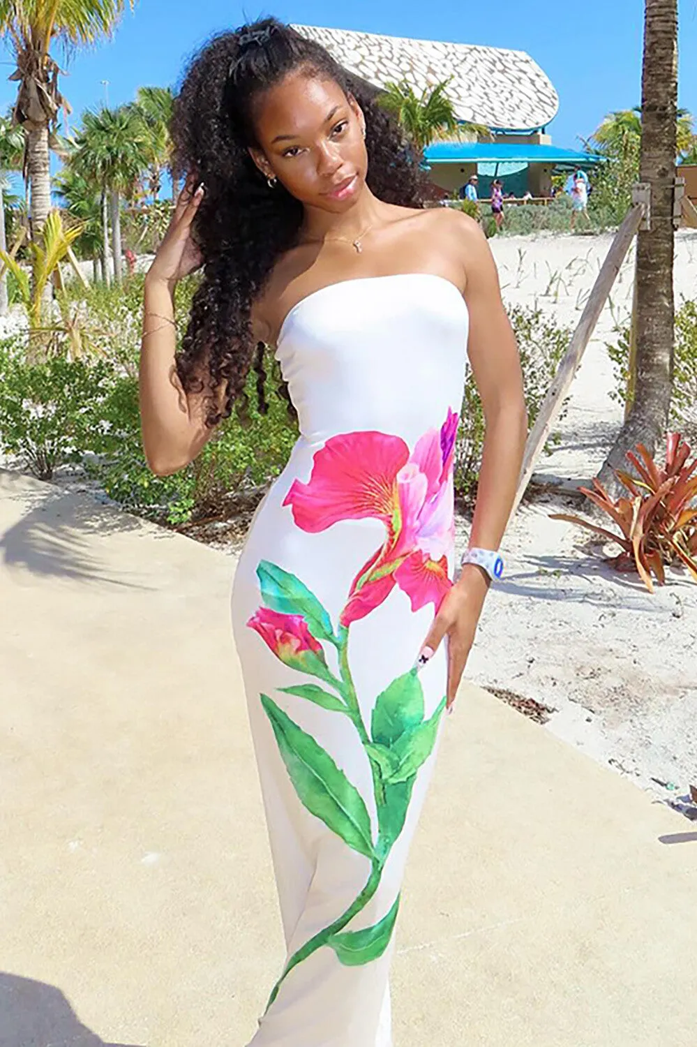 Boat Neck Strapless Floral Print Bodycon Maxi Dresses-White