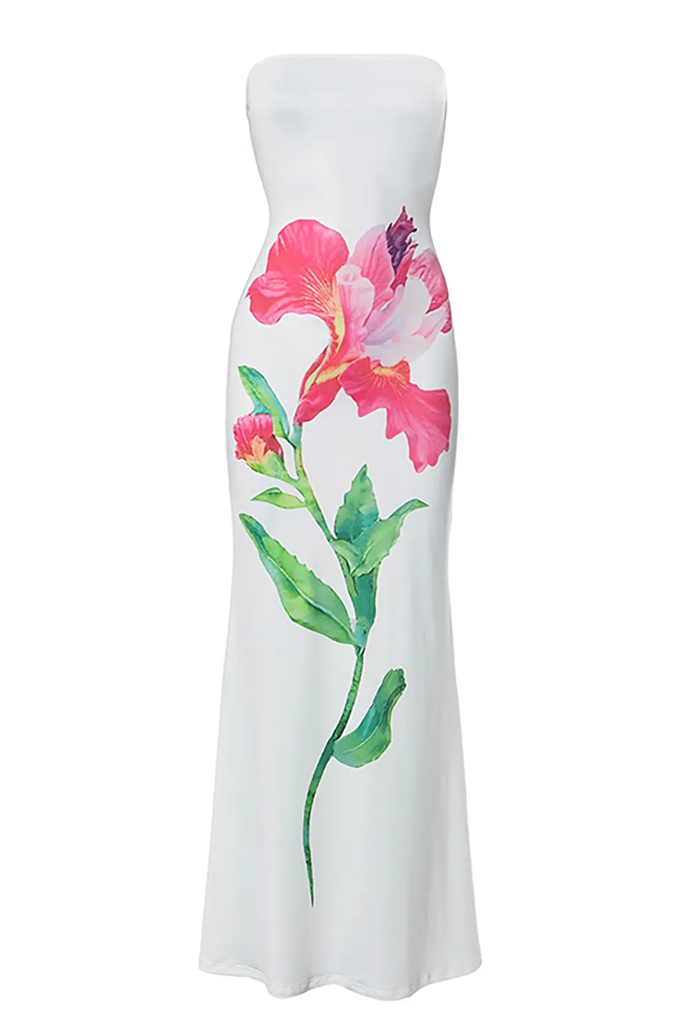 Boat Neck Strapless Floral Print Bodycon Maxi Dresses-White
