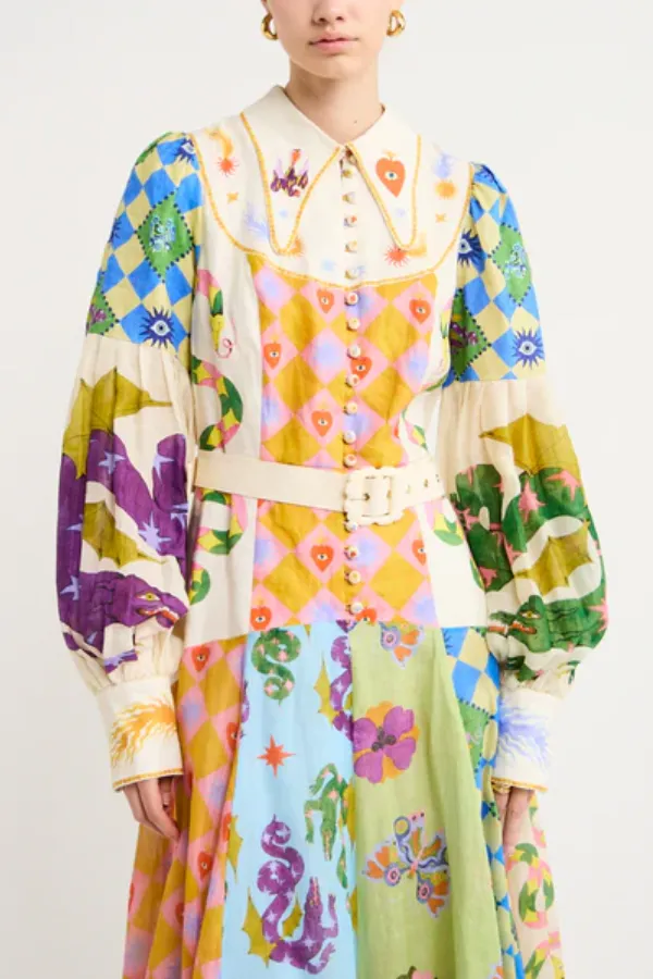 Bold and Chic Irregular Unique Print Balloon Sleeve Belt Shirt Midi Dress