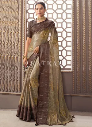 Brown Golden Zari Embroidery Designer Organza Silk Saree