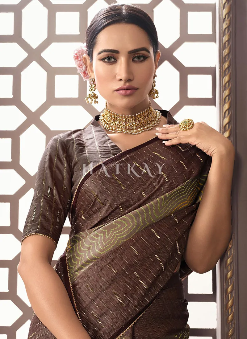 Brown Golden Zari Embroidery Designer Organza Silk Saree