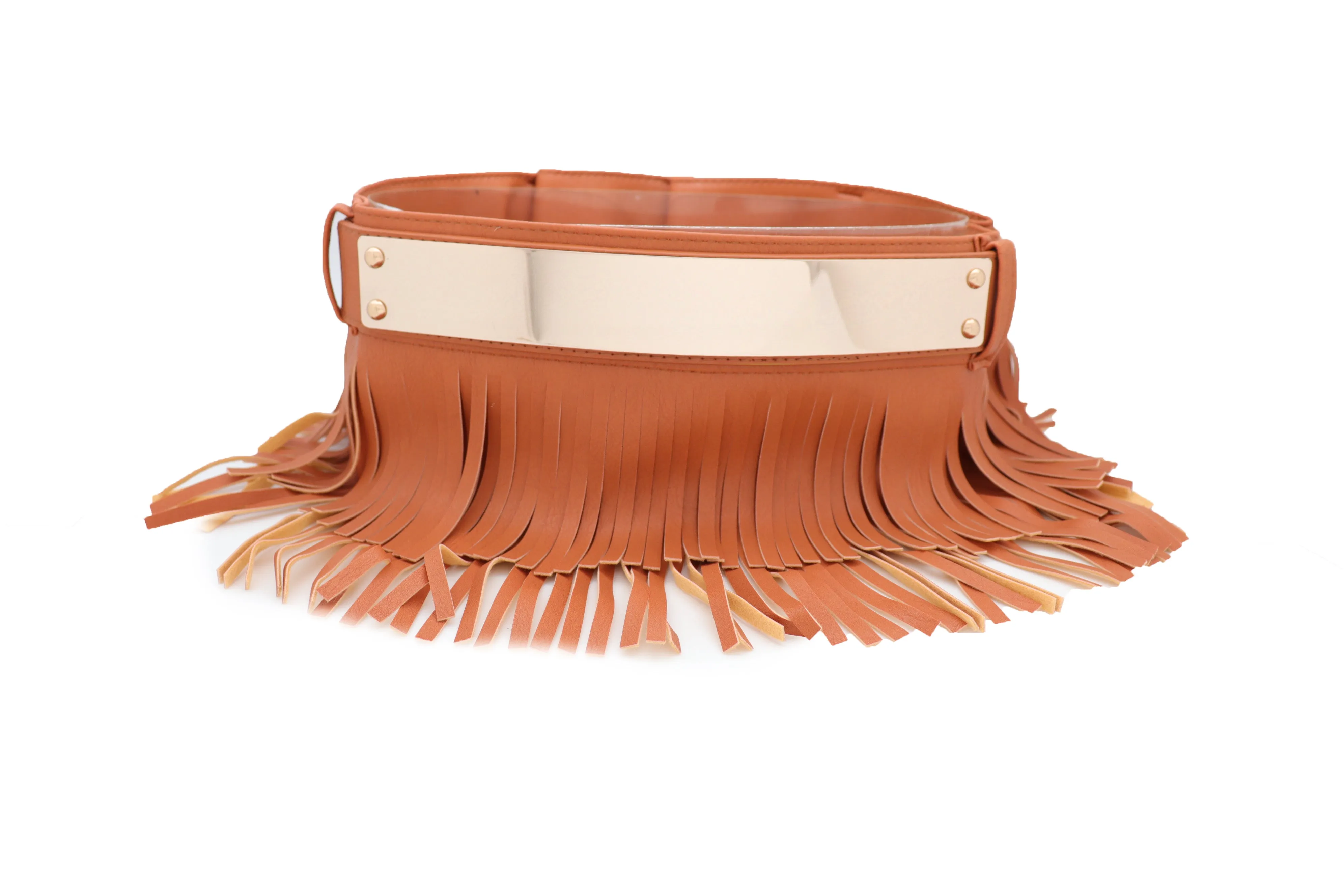 Brown Wide Faux Leather Wrap Around Skirt Tie Fringes Belt Gold Metal S M