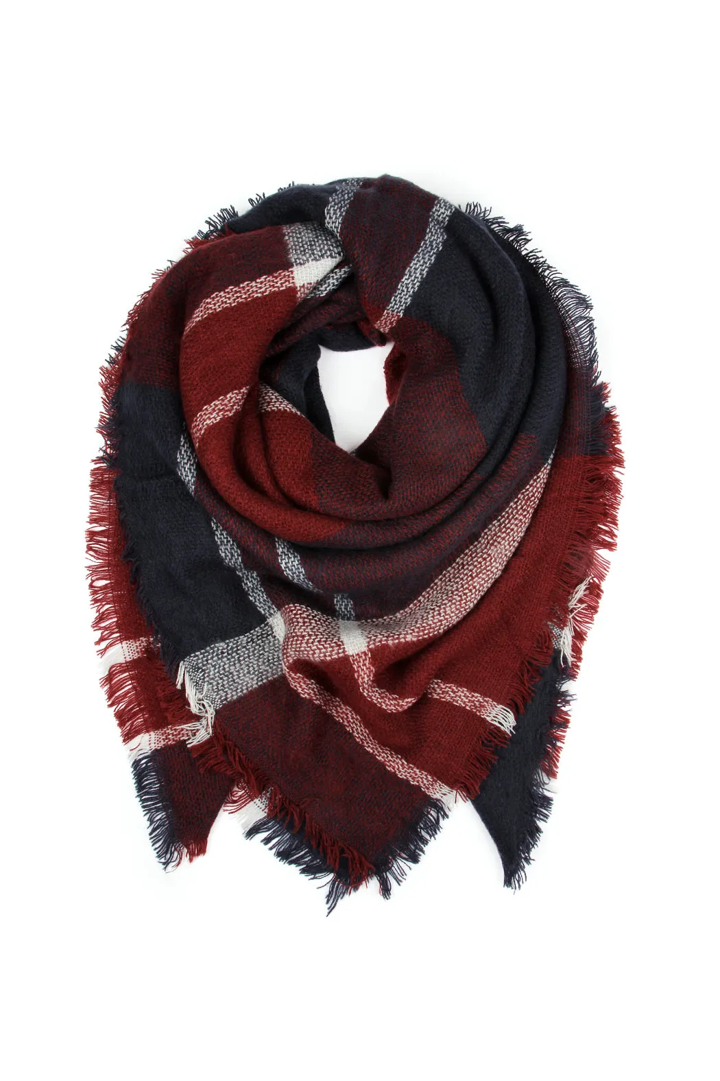 BURGUNDY BLACK BLANKET FRINGED SCARF