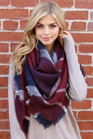 BURGUNDY BLACK BLANKET FRINGED SCARF