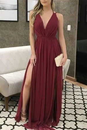 Burgundy Chiffon Prom Dress With V-Neck and Slit
