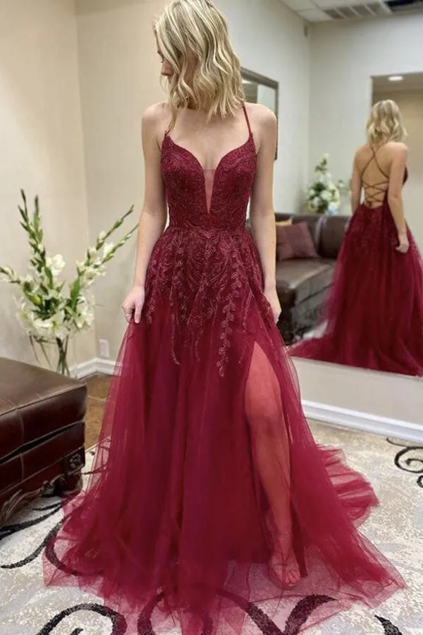 Burgundy Tulle A-line Cross Back Prom Dresses With Thigh Slit, Formal Dress, MP649