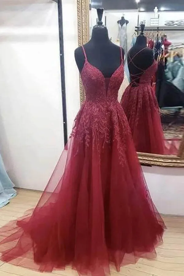 Burgundy Tulle A-line Cross Back Prom Dresses With Thigh Slit, Formal Dress, MP649