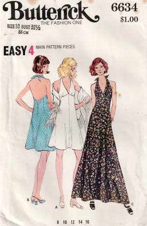 Butterick 6634 Womens Halter Maxi Dress & Shawl 1970s Vintage Sewing Pattern Size 10 Bust 32.5 Inches