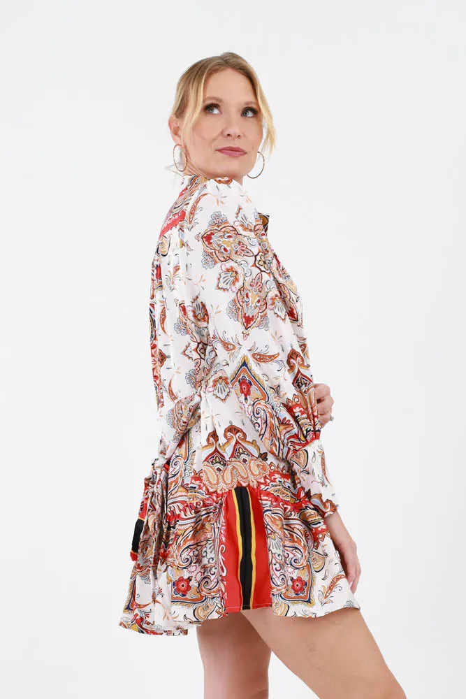 Button Front Scarf Mini Dress - Red