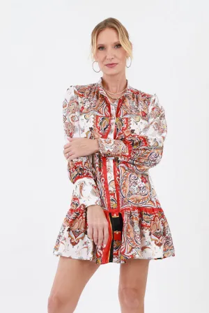 Button Front Scarf Mini Dress - Red