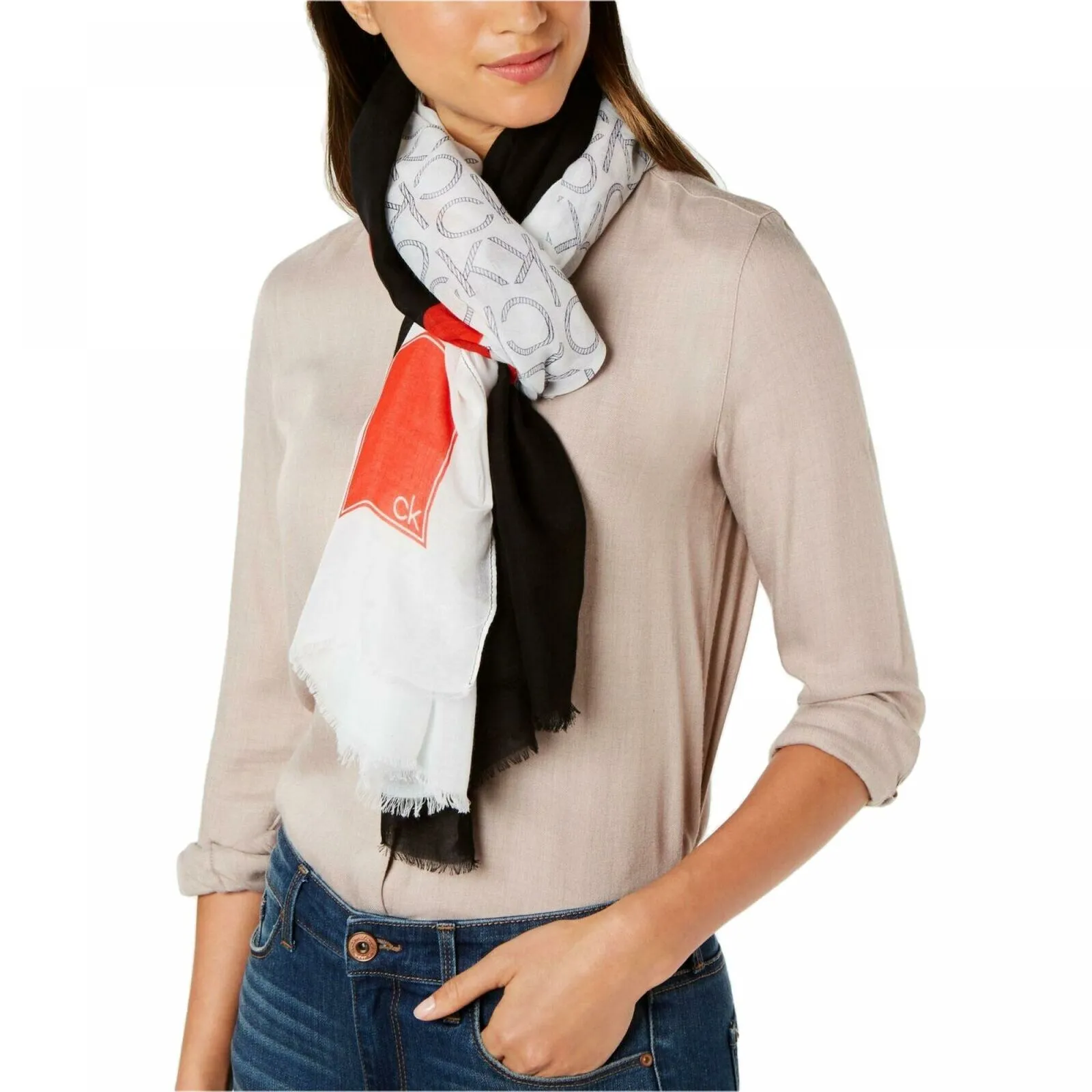 Calvin Klein Women's Spliced Colorblocked Rectangle Logo Scarf