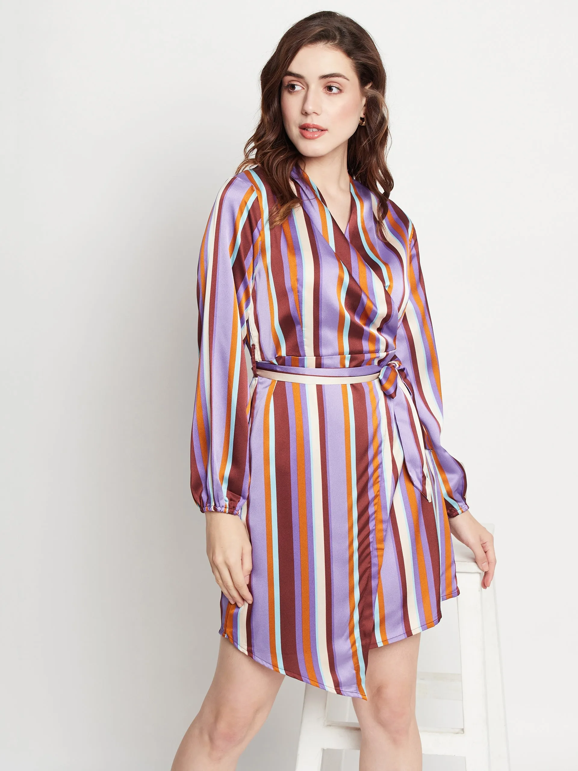 Camla Barcelona Striped Waist Belted Purple Wrap Dress