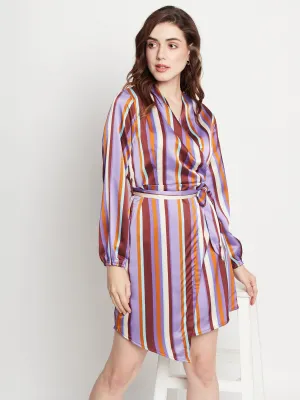 Camla Barcelona Striped Waist Belted Purple Wrap Dress