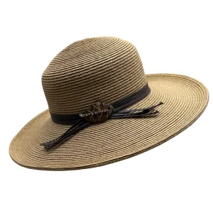 Cappelli Brown Wide Brim Straw Hat With Leaf Accent & Ribbon Band