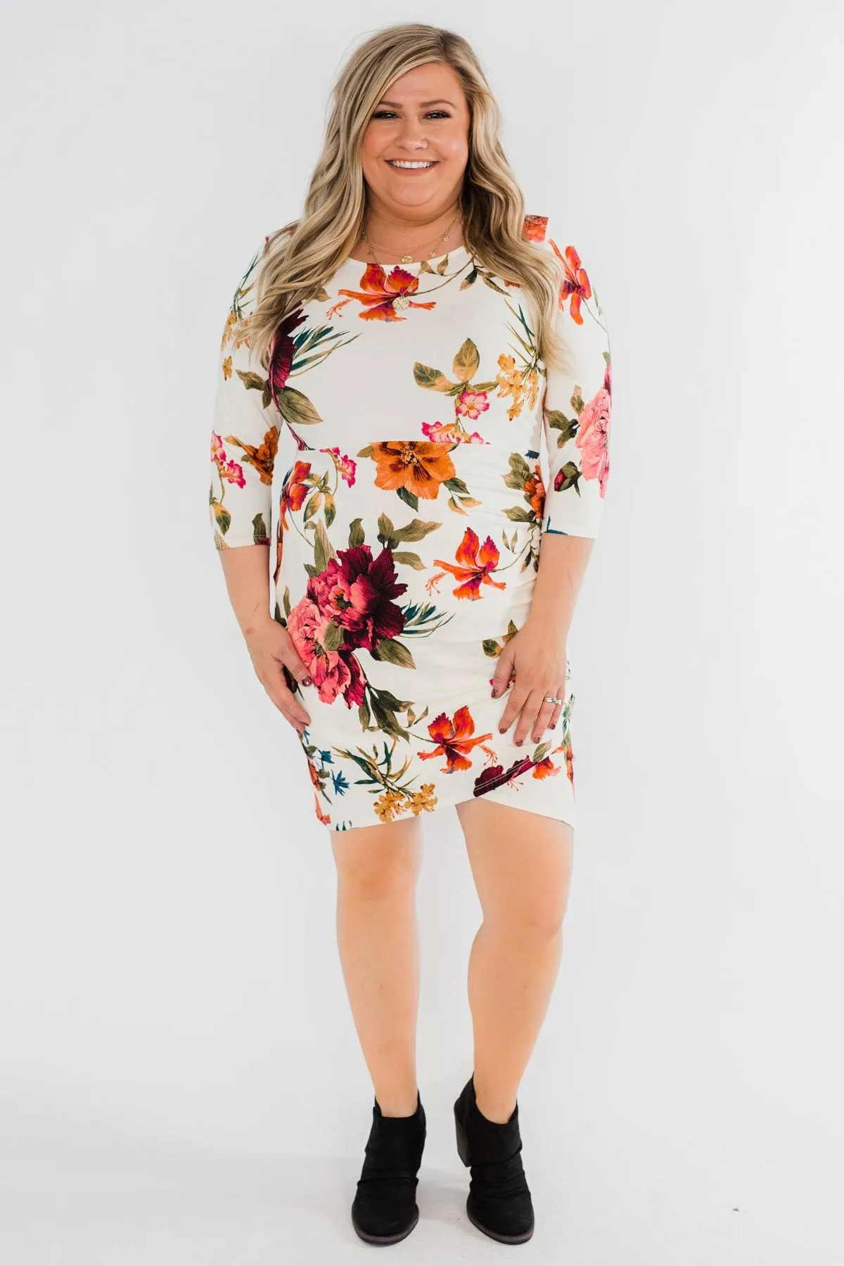 Captivating In Floral Dress- Cream