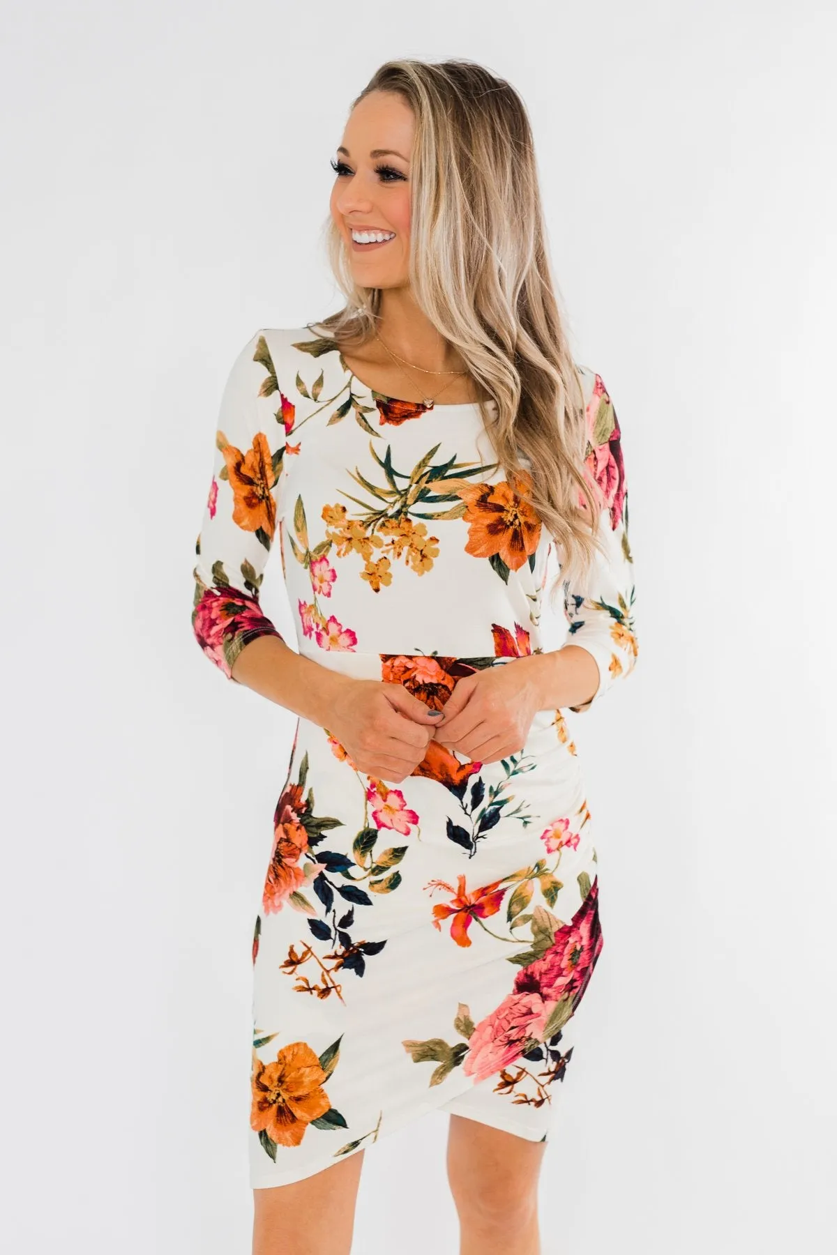 Captivating In Floral Dress- Cream