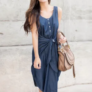 Casual Belt Vest Irregular Skirt Denim Dress