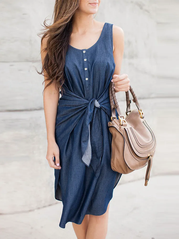 Casual Belt Vest Irregular Skirt Denim Dress