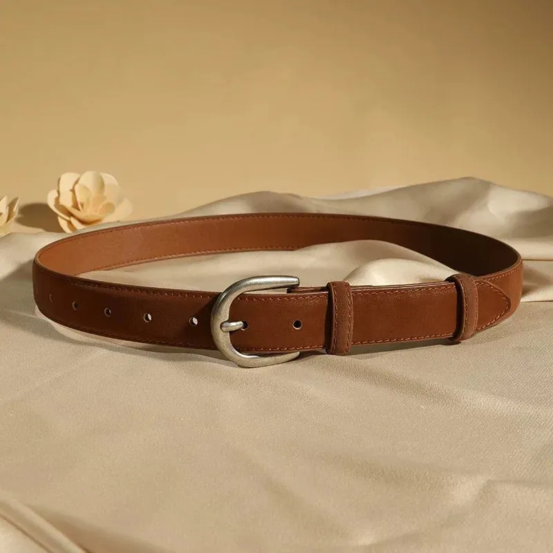 Casual Genuine Leather Belt – Suede Cowhide, Wide Elegant Design, Silver Buckle Waistband for Dresses and Jeans, Girdle for Women