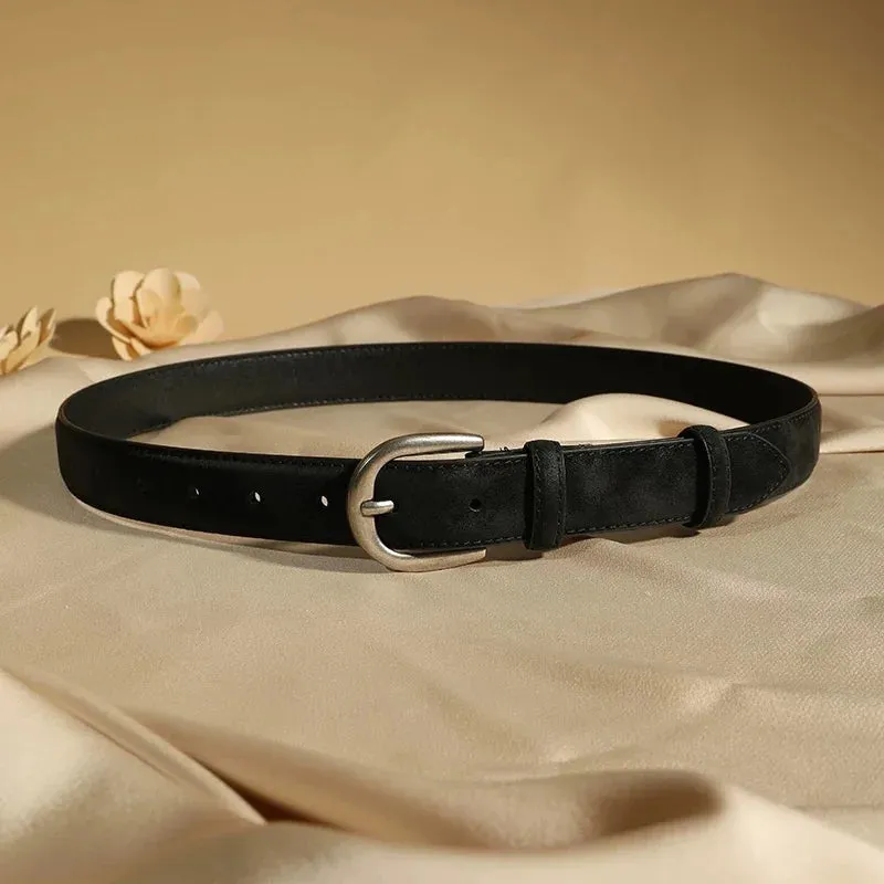 Casual Genuine Leather Belt – Suede Cowhide, Wide Elegant Design, Silver Buckle Waistband for Dresses and Jeans, Girdle for Women