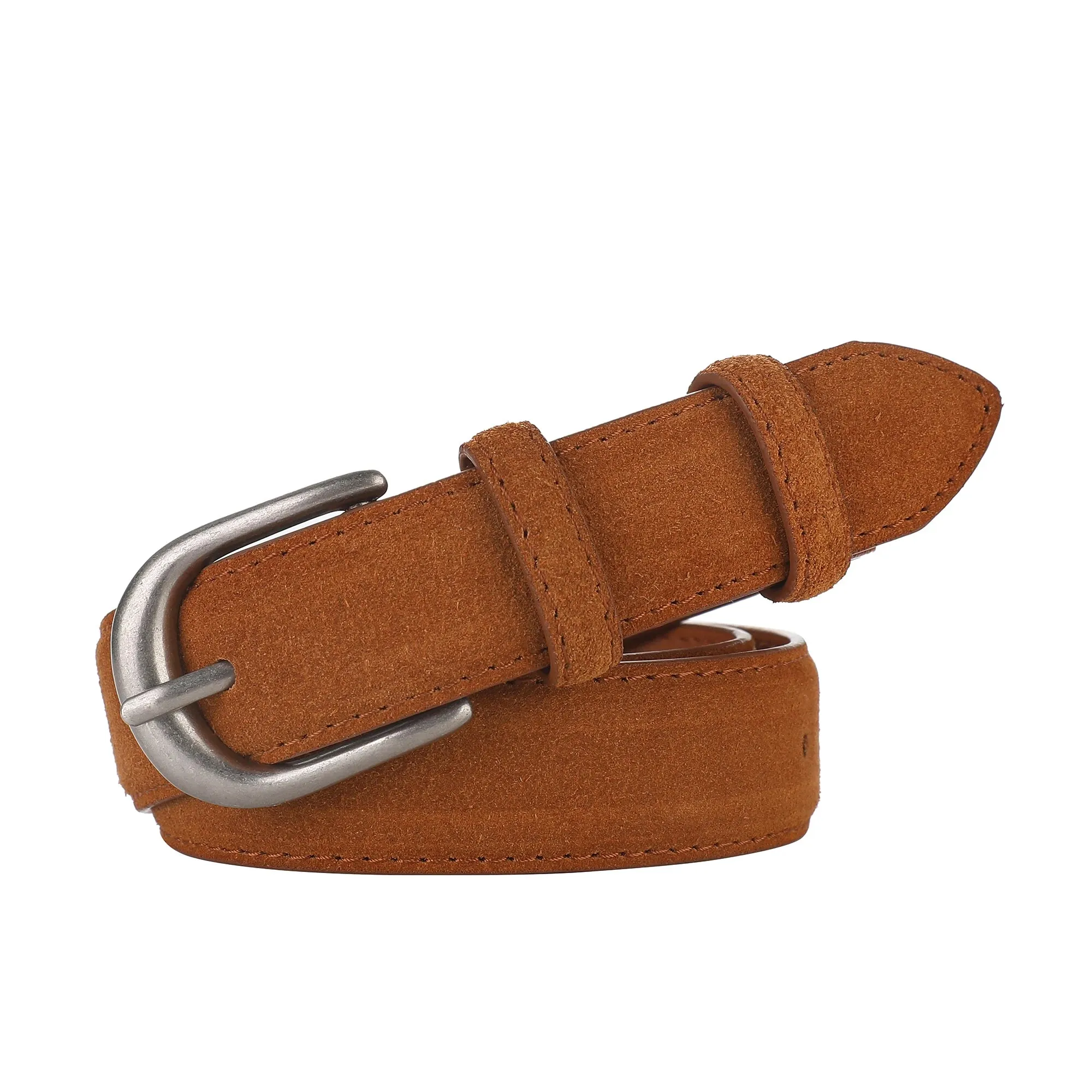 Casual Genuine Leather Belt – Suede Cowhide, Wide Elegant Design, Silver Buckle Waistband for Dresses and Jeans, Girdle for Women