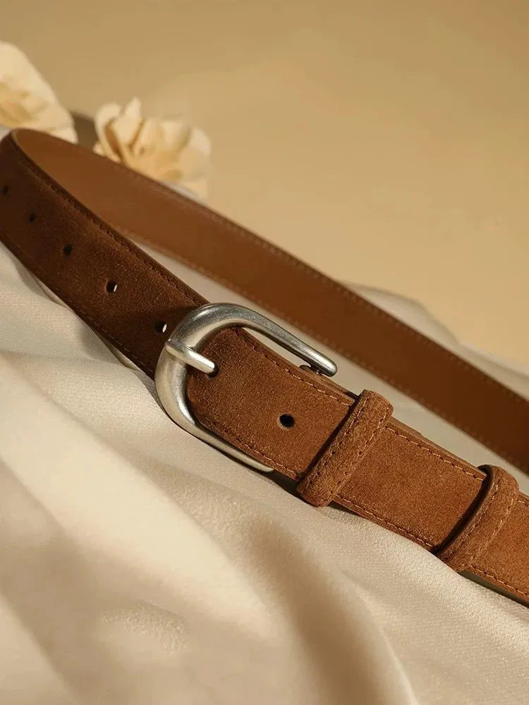 Casual Genuine Leather Belt – Suede Cowhide, Wide Elegant Design, Silver Buckle Waistband for Dresses and Jeans, Girdle for Women