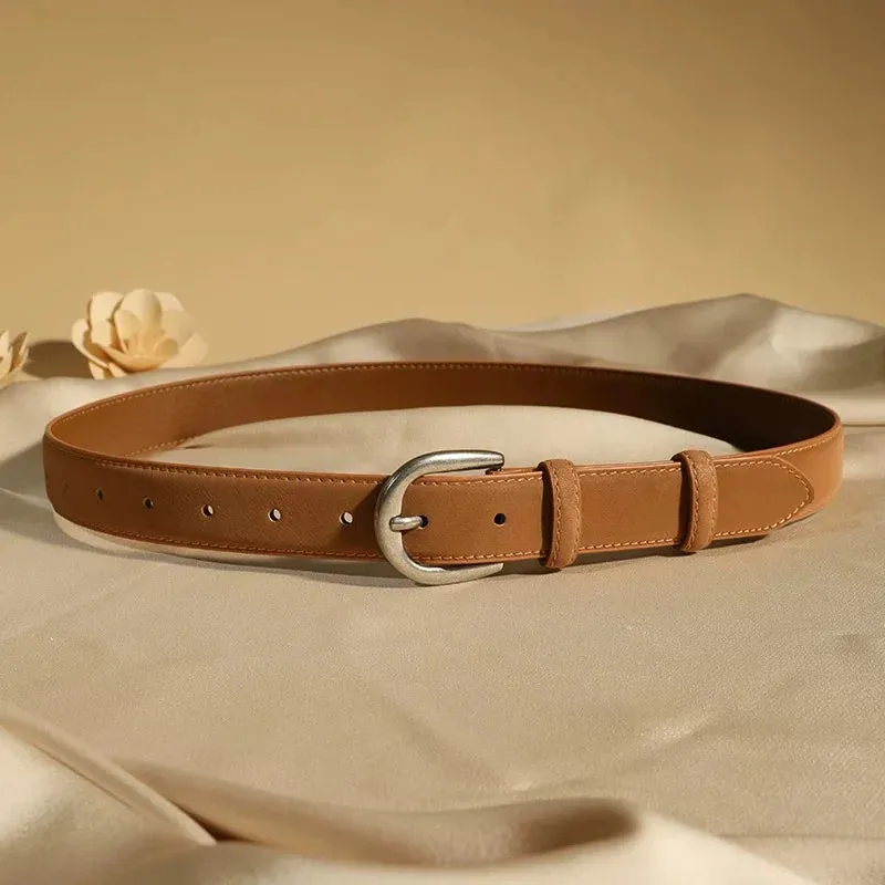 Casual Genuine Leather Belt – Suede Cowhide, Wide Elegant Design, Silver Buckle Waistband for Dresses and Jeans, Girdle for Women