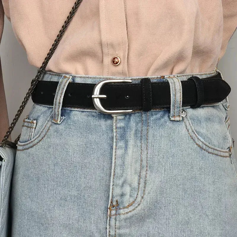 Casual Genuine Leather Belt – Suede Cowhide, Wide Elegant Design, Silver Buckle Waistband for Dresses and Jeans, Girdle for Women