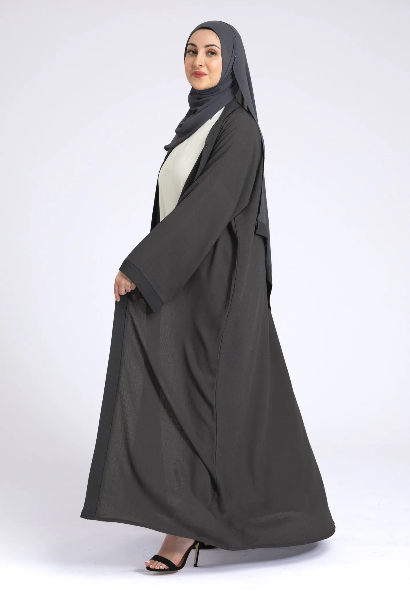 Charcoal Grey Linen Open Abaya