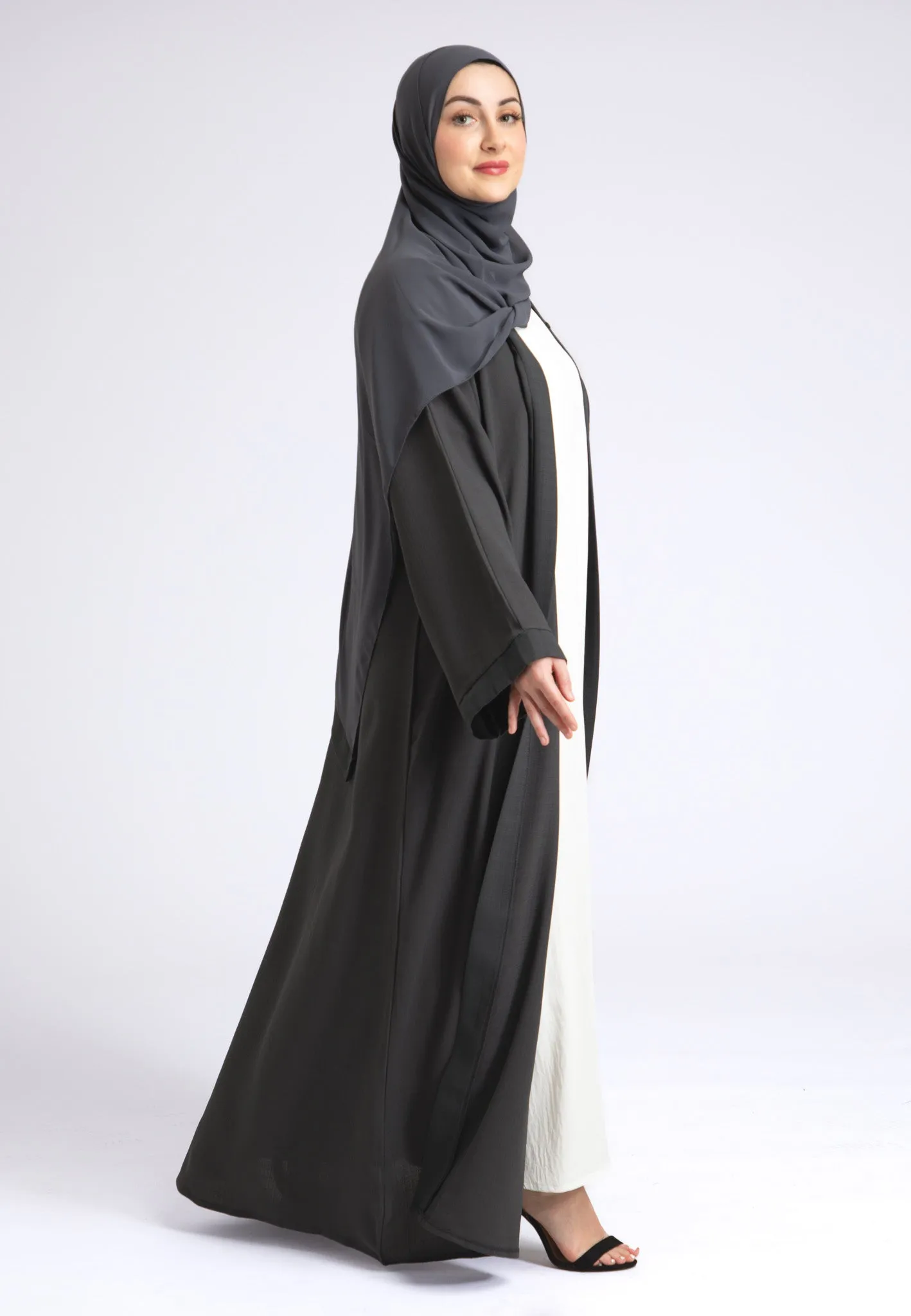 Charcoal Grey Linen Open Abaya