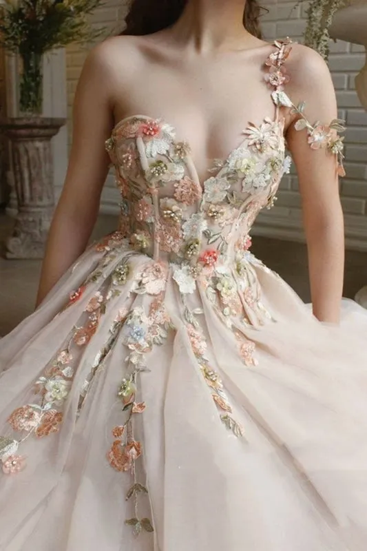 Charming One Shoulder Floral Champagne Long Prom, 3D Flowers Champagne Formal Evening
