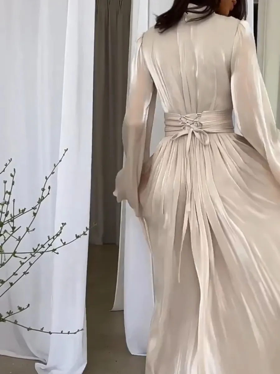 Chic Maxi Dress with Bow Tie Belt and Pleated Details