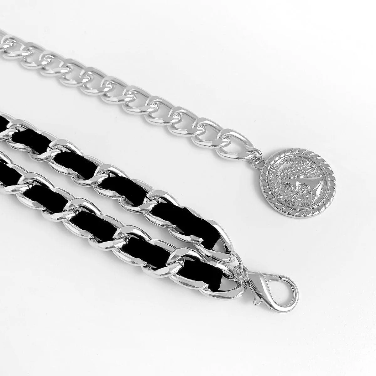 Chic Velvet Interwoven Waist Chain | Relief Coin Pendant Belly Chain | Trendy Layered Body Chain